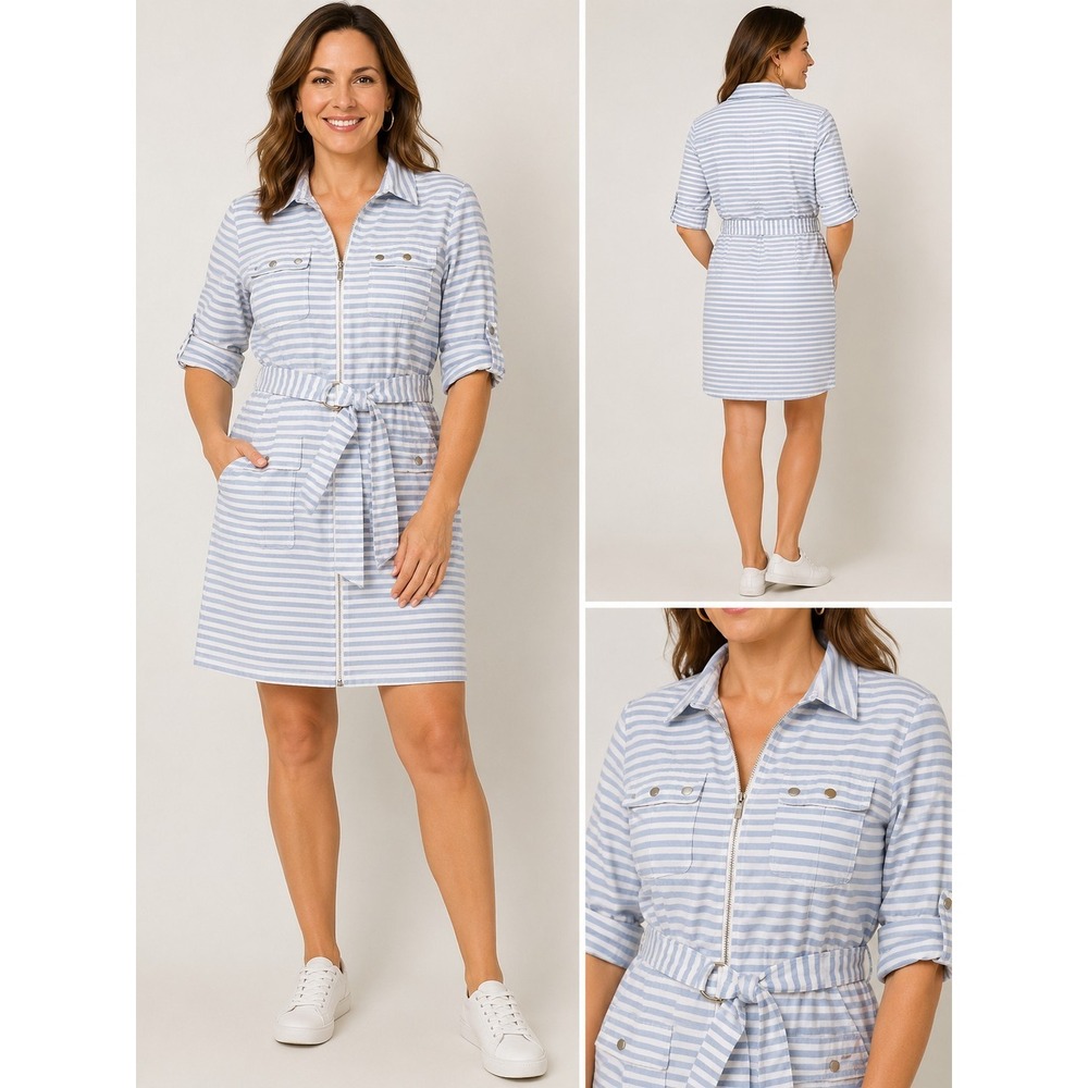 SHARAGANO ZIPPER FRONT BELTED SHIRT DRESS, SIZE 14W Boho LagenLook Beach Casual
